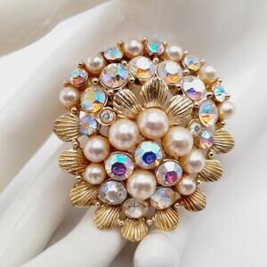Vintage AB Rhinestone Faux Pearl Brooch Gold Tone Floral Wreath Pin